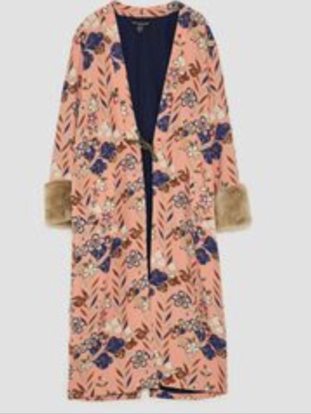 🌺Zara TRF Pink Floral KIMONO with Brown Faux Fur Cuffs